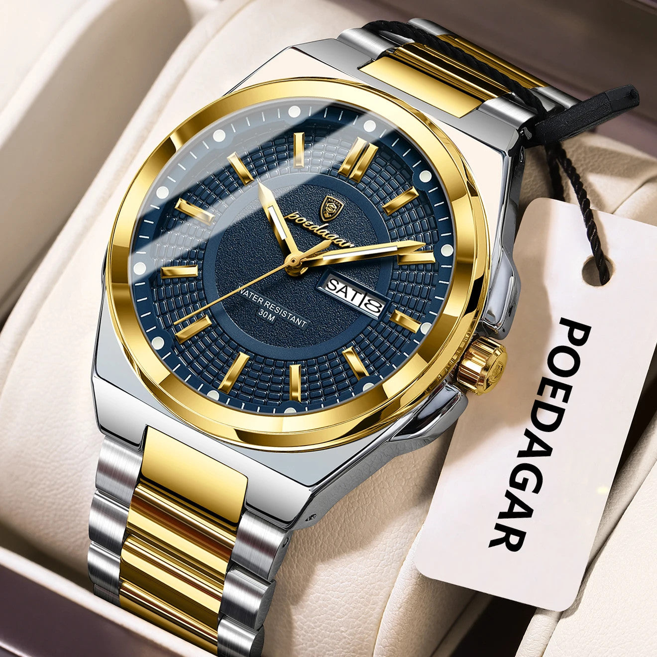 POEDAGAR 896 sport quartz watch with blue dial and two-tone silver gold bracelet, angle view