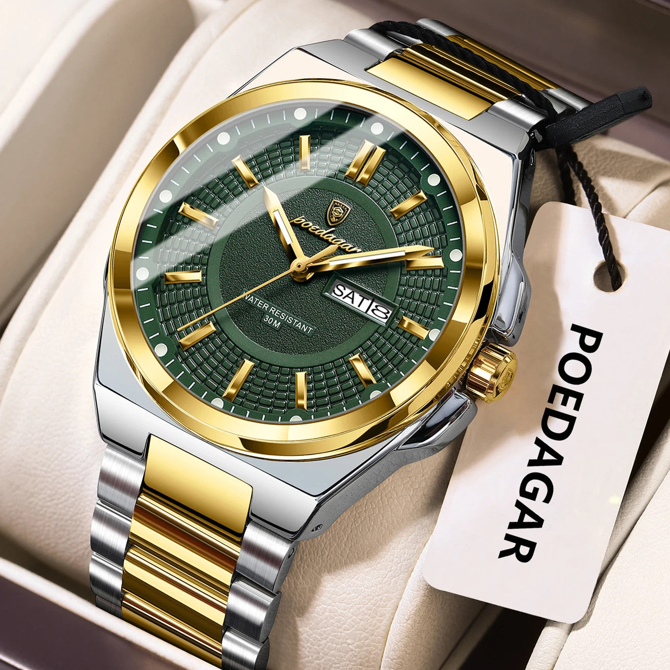 POEDAGAR 896 sport quartz watch with green dial and two-tone silver gold bracelet, angle view