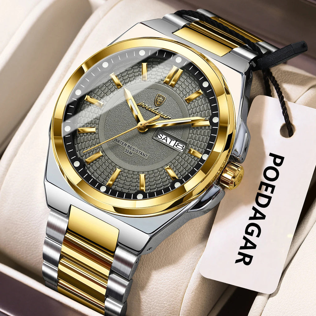 POEDAGAR 896 sport quartz watch with grey dial and two-tone silver gold bracelet, angle view