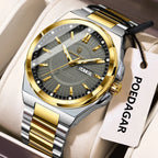 POEDAGAR 896 sport quartz watch with grey dial and two-tone silver gold bracelet, angle view