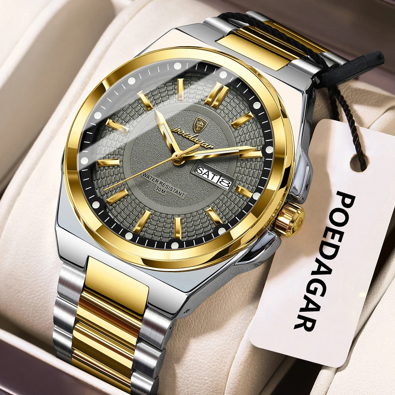 POEDAGAR 896 sport quartz watch with grey dial and two-tone silver gold bracelet, angle view
