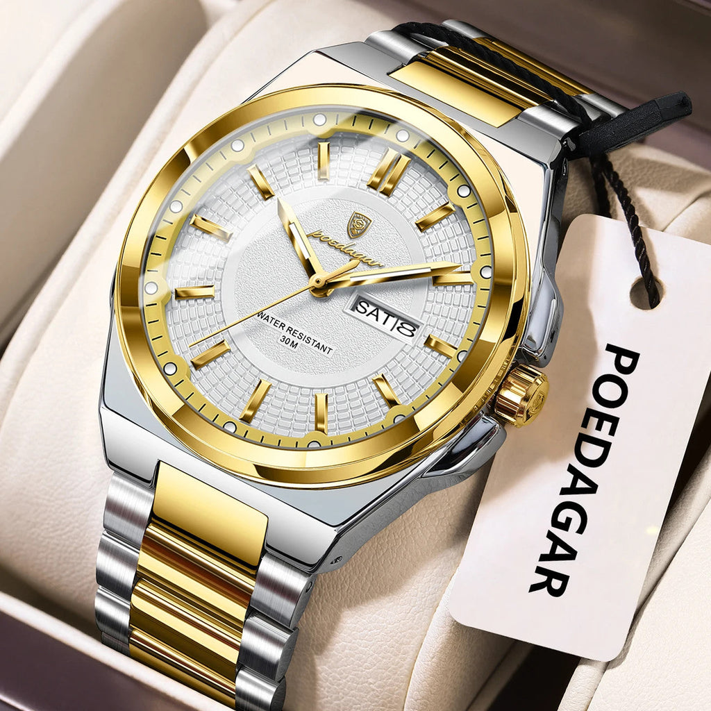 POEDAGAR 896 sport quartz watch with white dial and two-tone silver gold bracelet, angle view