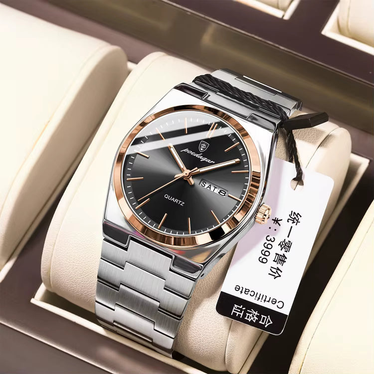 POEDAGAR 930-GN quartz watch with black dial rose gold bezel and silver bracelet, angle view