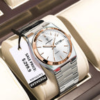 POEDAGAR 930-GN quartz watch with white dial rose gold bezel and silver bracelet, angle view