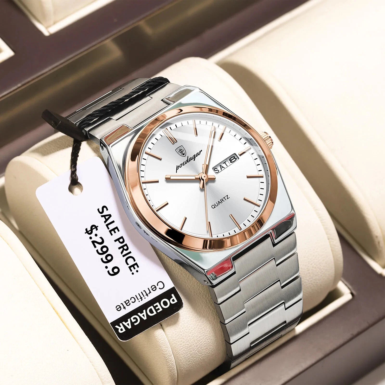 POEDAGAR 930-GN quartz watch with white dial rose gold bezel and silver bracelet, angle view