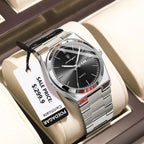 POEDAGAR 930-GN sport quartz watch with black dial and silver steel bracelet, angle view