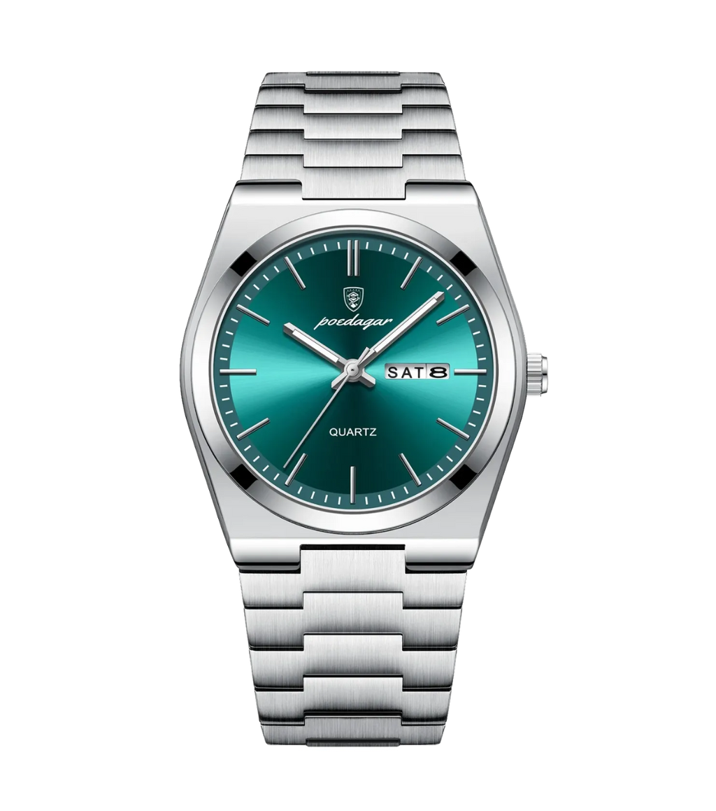 POEDAGAR 930-GN sport quartz watch with green dial and silver steel bracelet, front view
