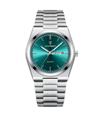 POEDAGAR 930-GN sport quartz watch with green dial and silver steel bracelet, front view