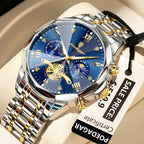 POEDAGAR 938 chronograph two-tone blue skeleton dial, detail view