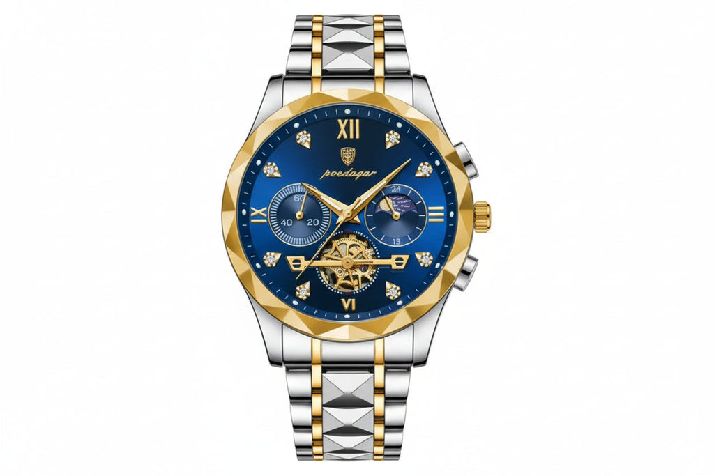 POEDAGAR 938 chronograph two-tone case blue skeleton dial, front view