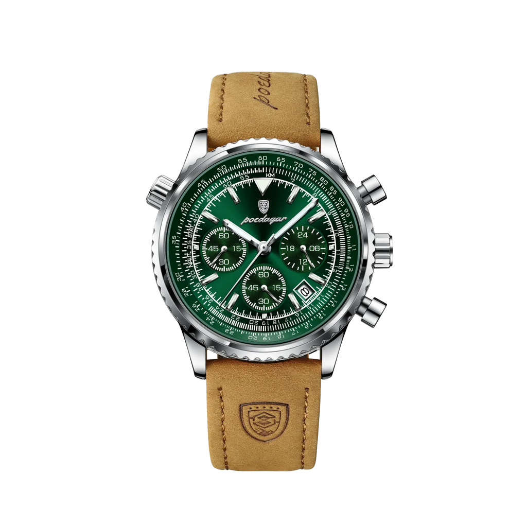 POEDAGAR 9601 men's quartz chronograph watch with green dial, front view