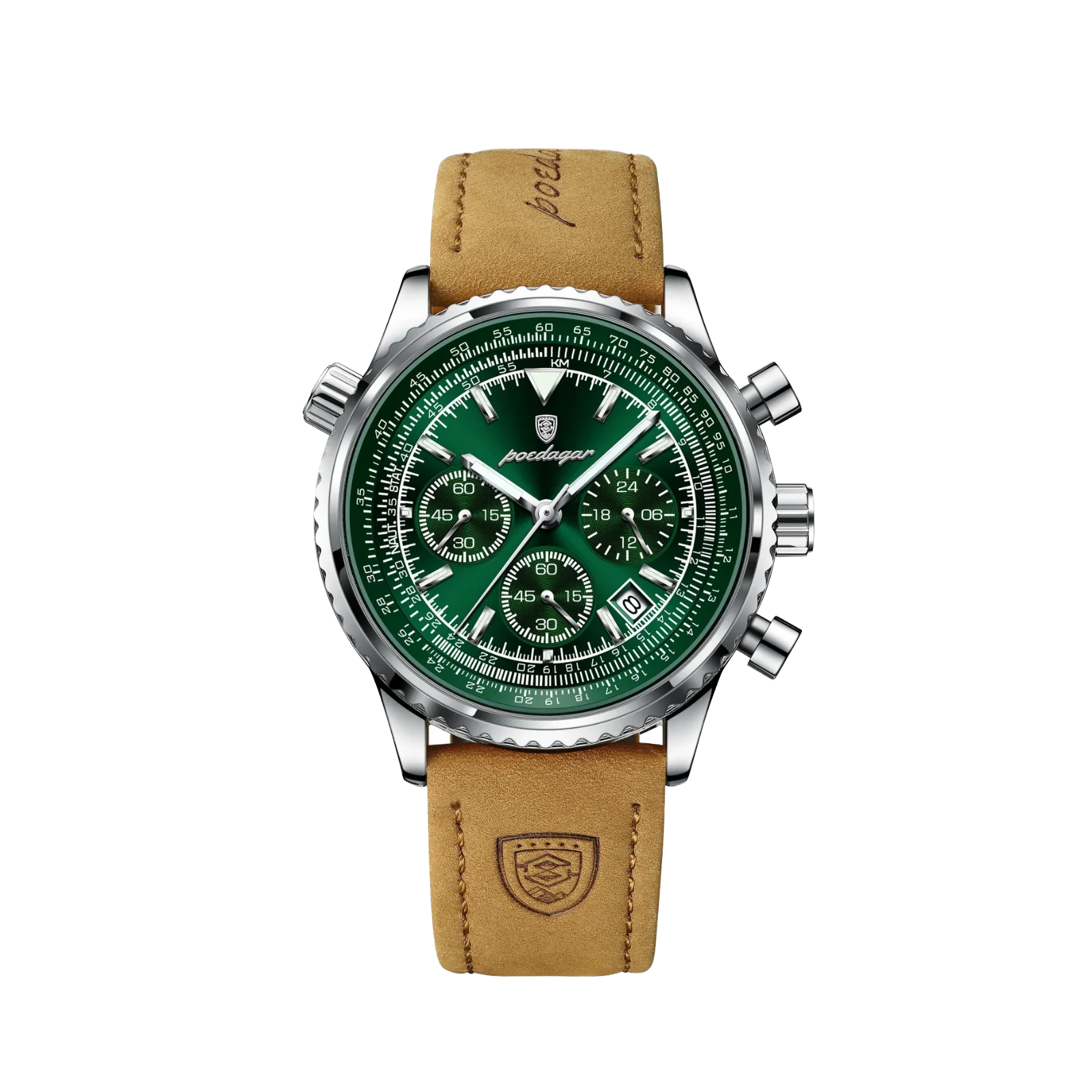 POEDAGAR 9601 men's quartz chronograph watch with green dial, front view