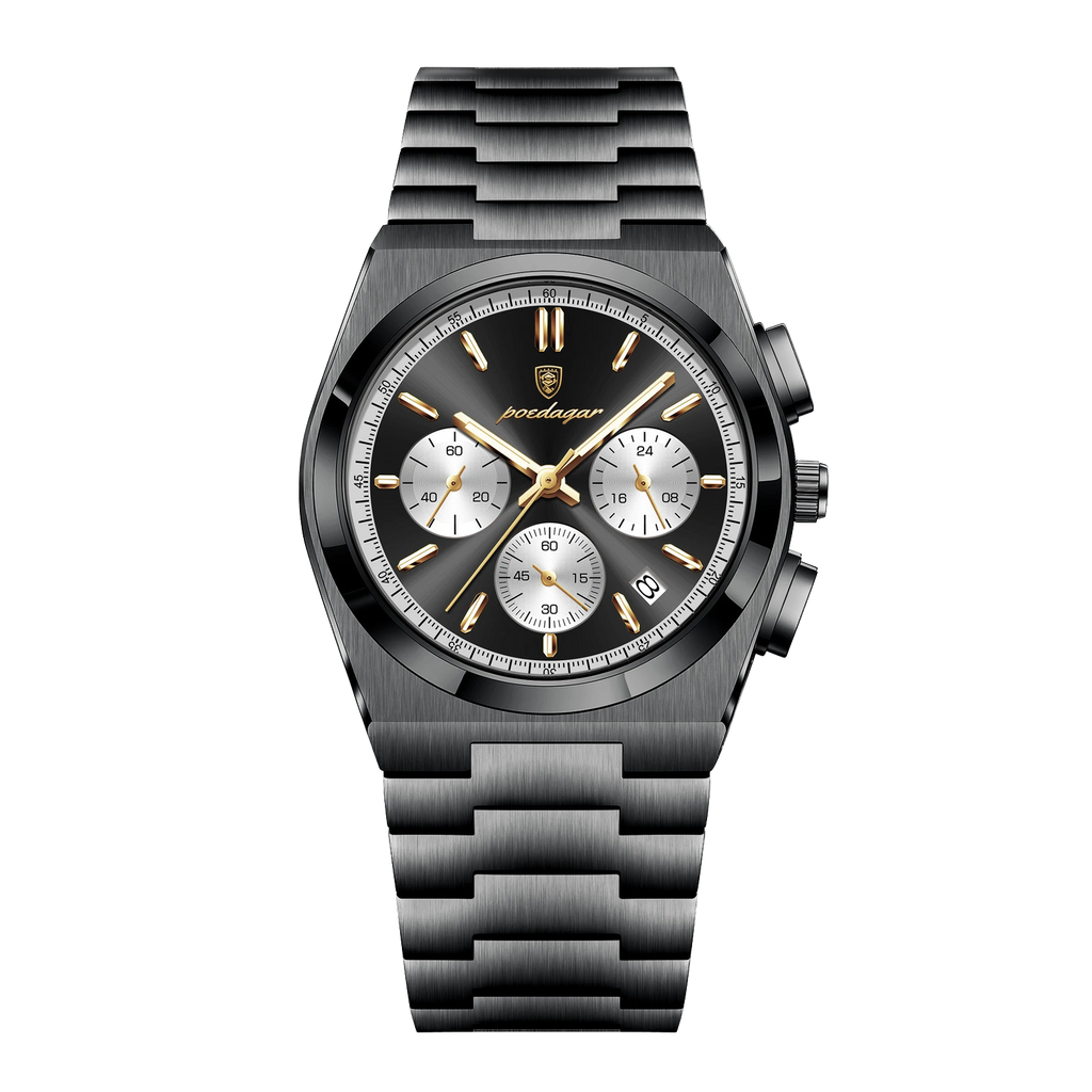 POEDAGAR 970 chronograph black case black dial bracelet, front view