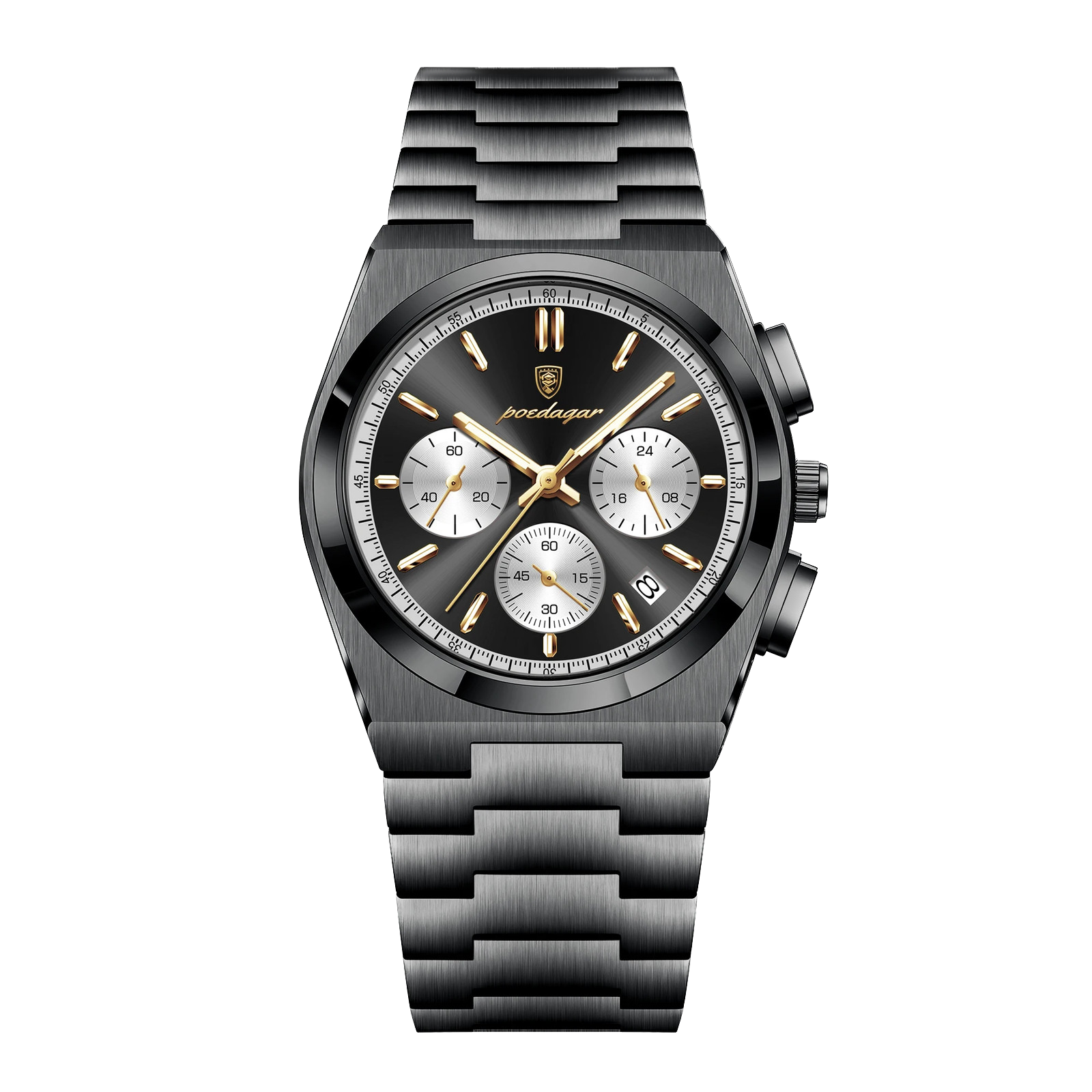 POEDAGAR 970 chronograph black case black dial bracelet, front view