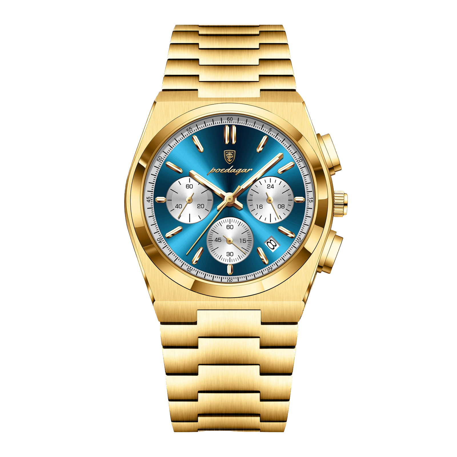 POEDAGAR 970 chronograph gold case blue dial gold bracelet, front view