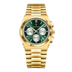 POEDAGAR 970 chronograph gold case green dial bracelet, front view