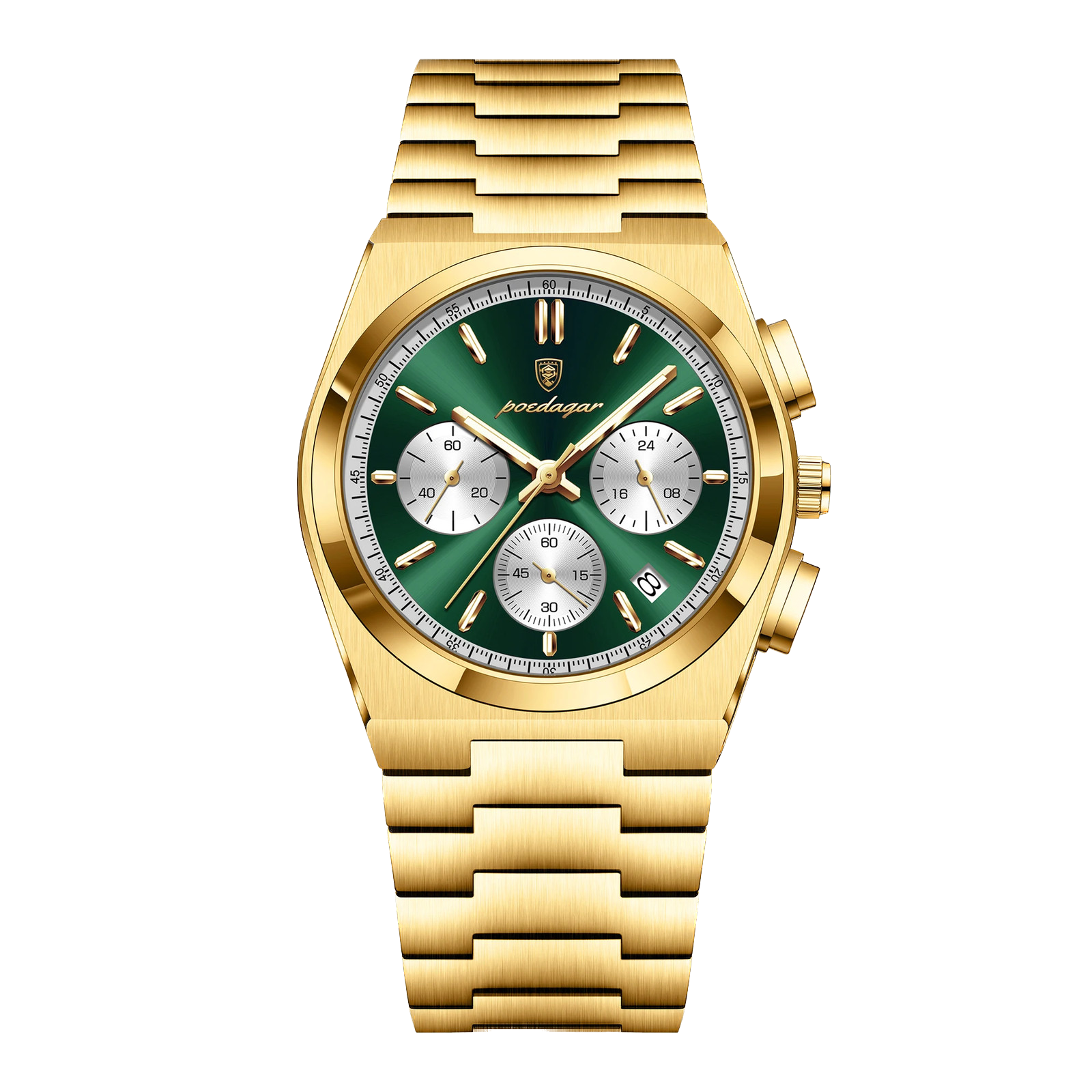 POEDAGAR 970 chronograph gold case green dial bracelet, front view