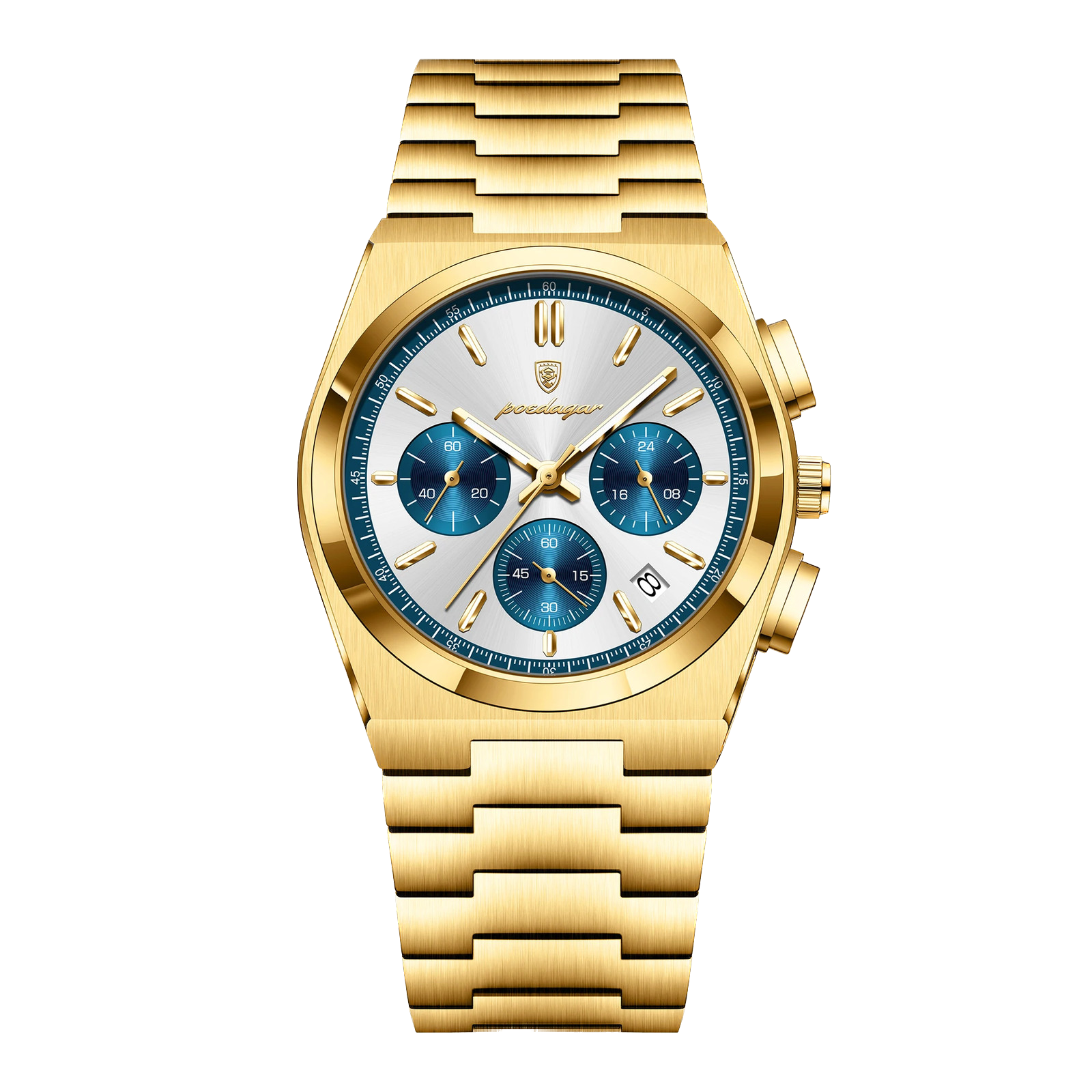 POEDAGAR 970 men's quartz chronograph gold case white dial, front view