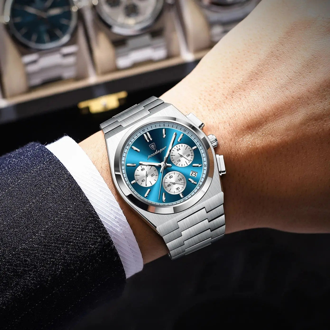 POEDAGAR 970 men's quartz chronograph watch with blue dial on wrist at watch display case