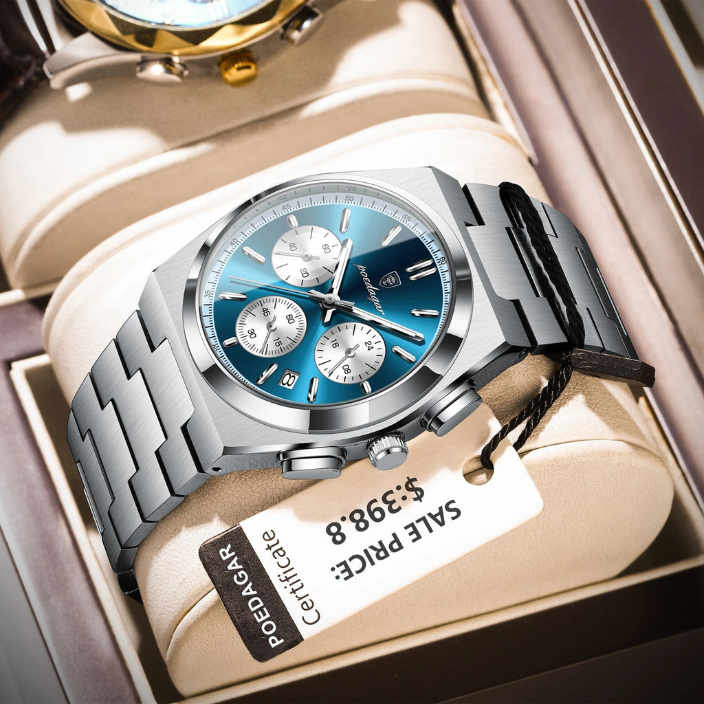 POEDAGAR 970 chronograph silver case blue dial bracelet, angle view