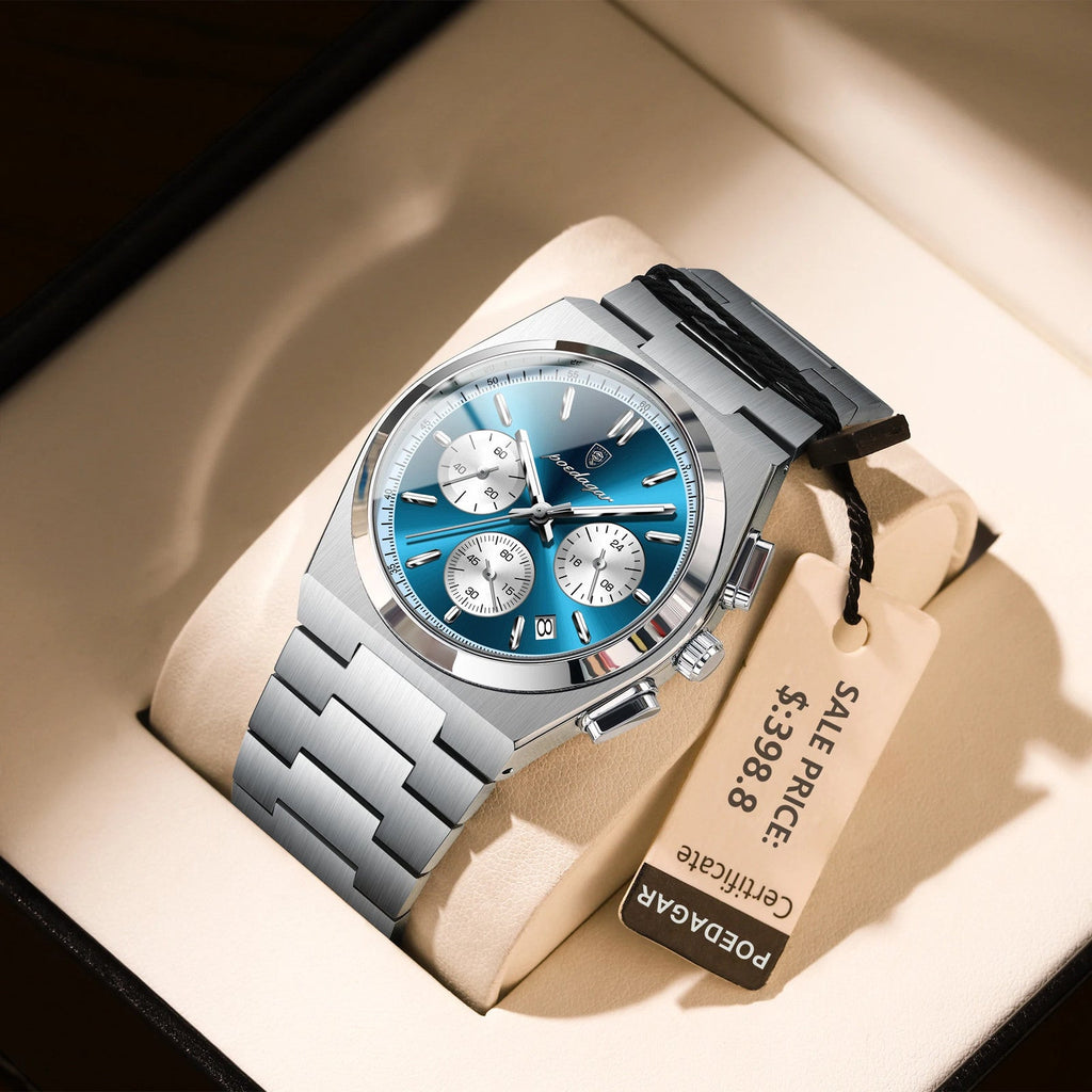POEDAGAR 970 chronograph silver case blue dial subdials, detail view