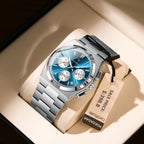 POEDAGAR 970 chronograph silver case blue dial subdials, detail view