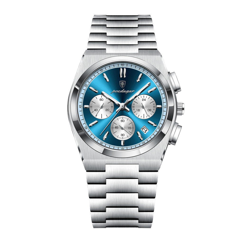 POEDAGAR 970 chronograph silver case sky blue dial bracelet, front view