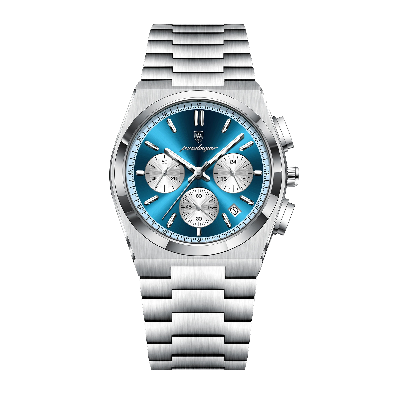 POEDAGAR 970 chronograph silver case sky blue dial bracelet, front view