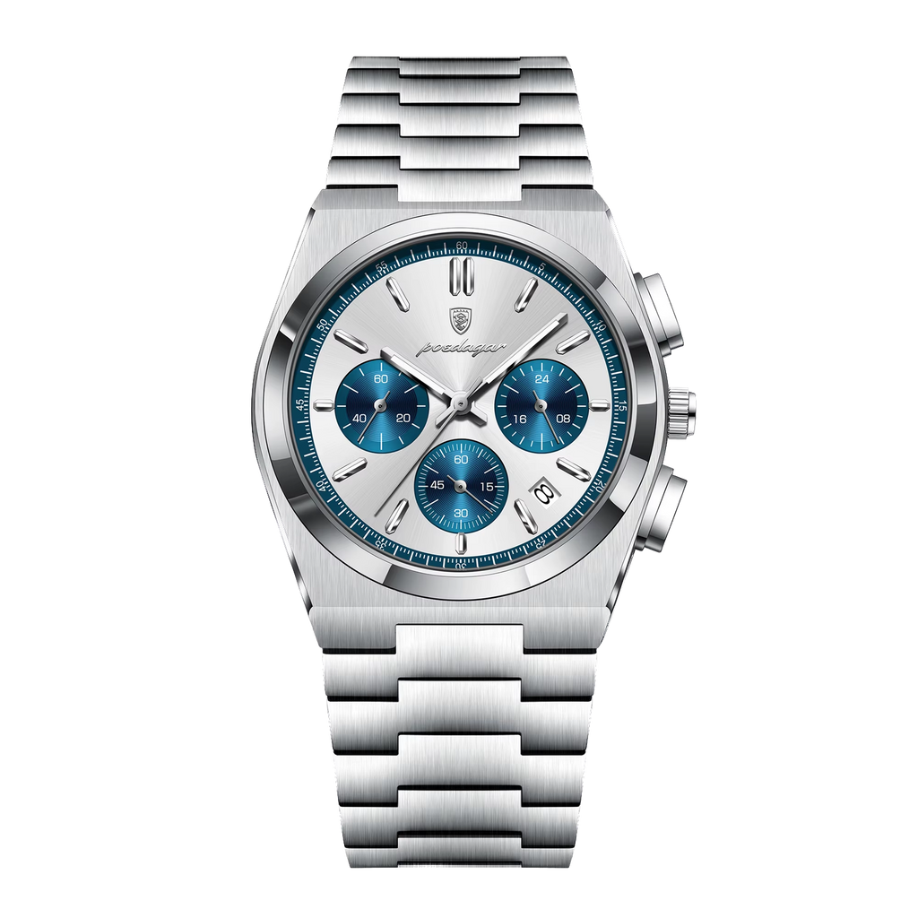 POEDAGAR 970 chronograph silver case white dial blue subdials, front