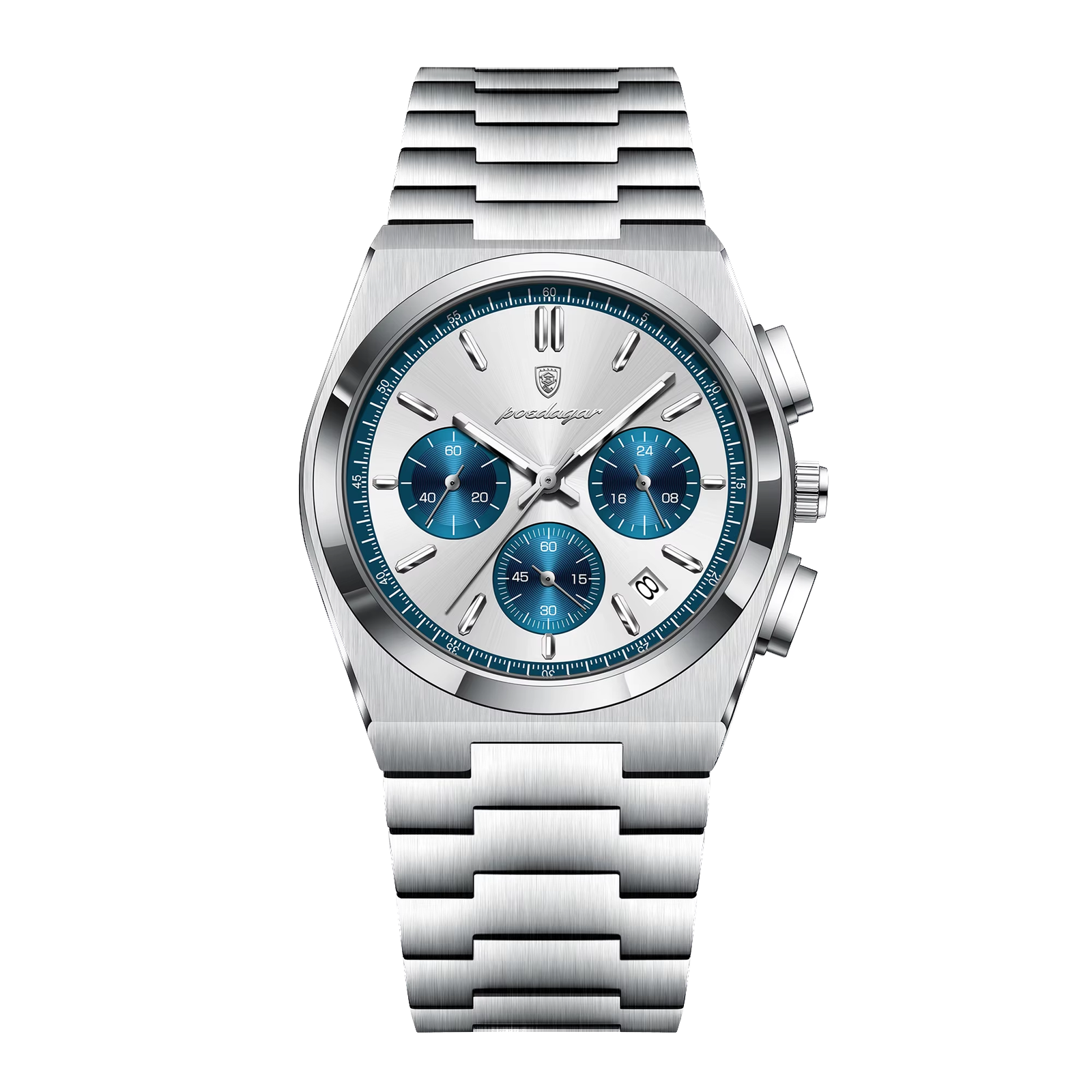 POEDAGAR 970 chronograph silver case white dial blue subdials, front