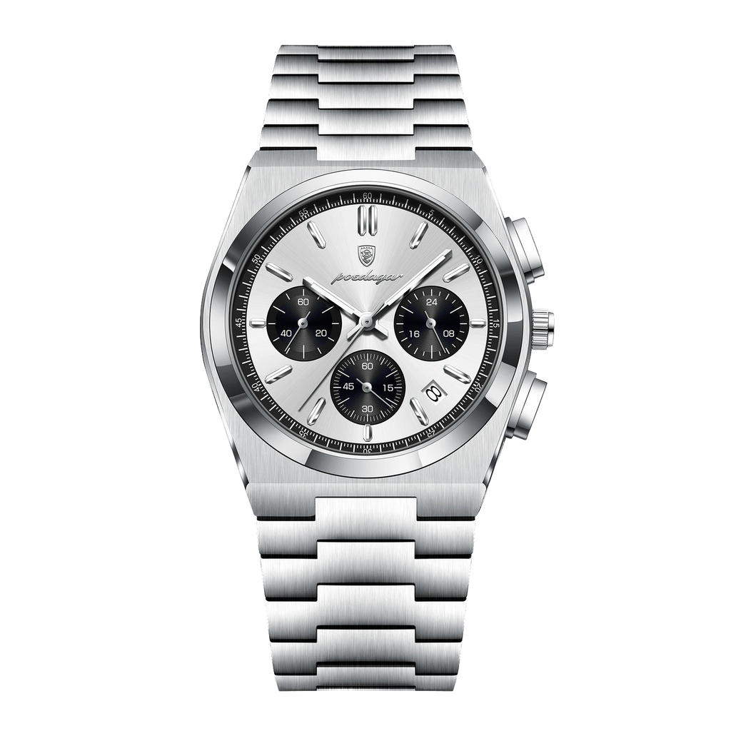 POEDAGAR 970 chronograph silver case white dial black subdials, front