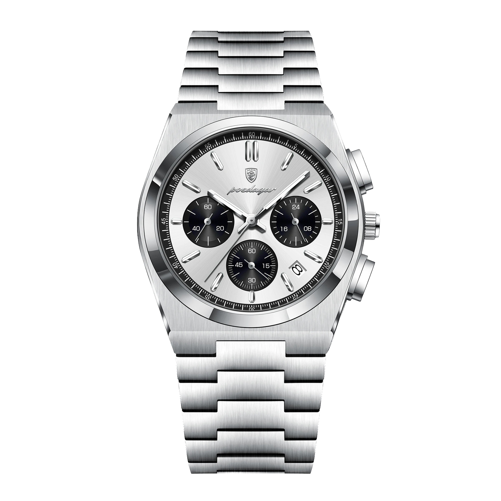 POEDAGAR 970 chronograph silver case white dial black subdials, front