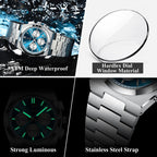 POEDAGAR 970 chronograph features grid waterproof luminous steel strap