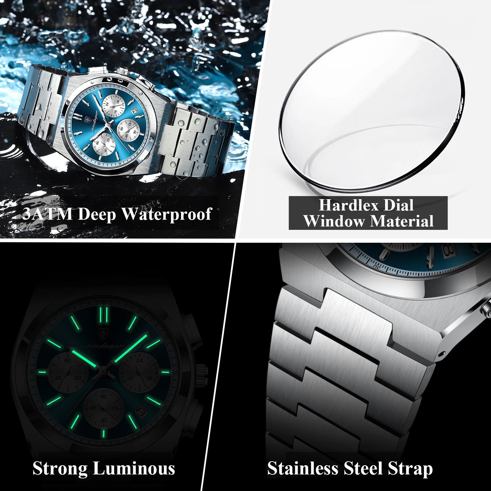 POEDAGAR 970 chronograph features grid waterproof luminous steel strap