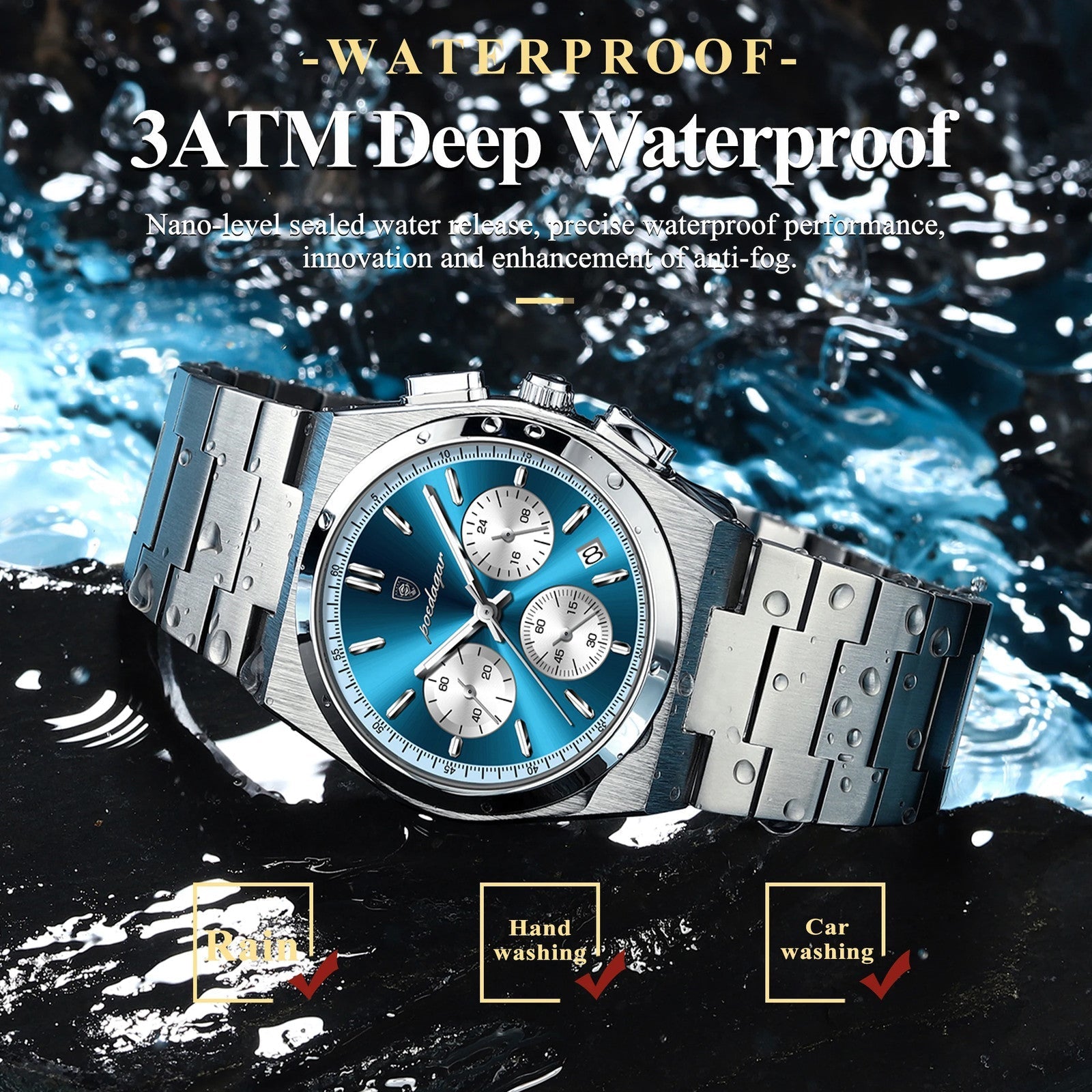 POEDAGAR 970 chronograph 3ATM waterproof spec graphic, blue dial