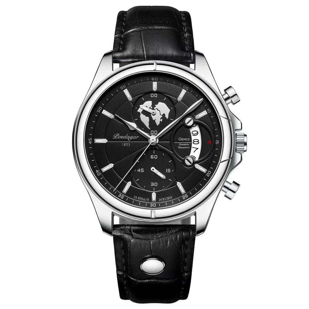 Poedagar 989 watch Silver Black (Leather) variant