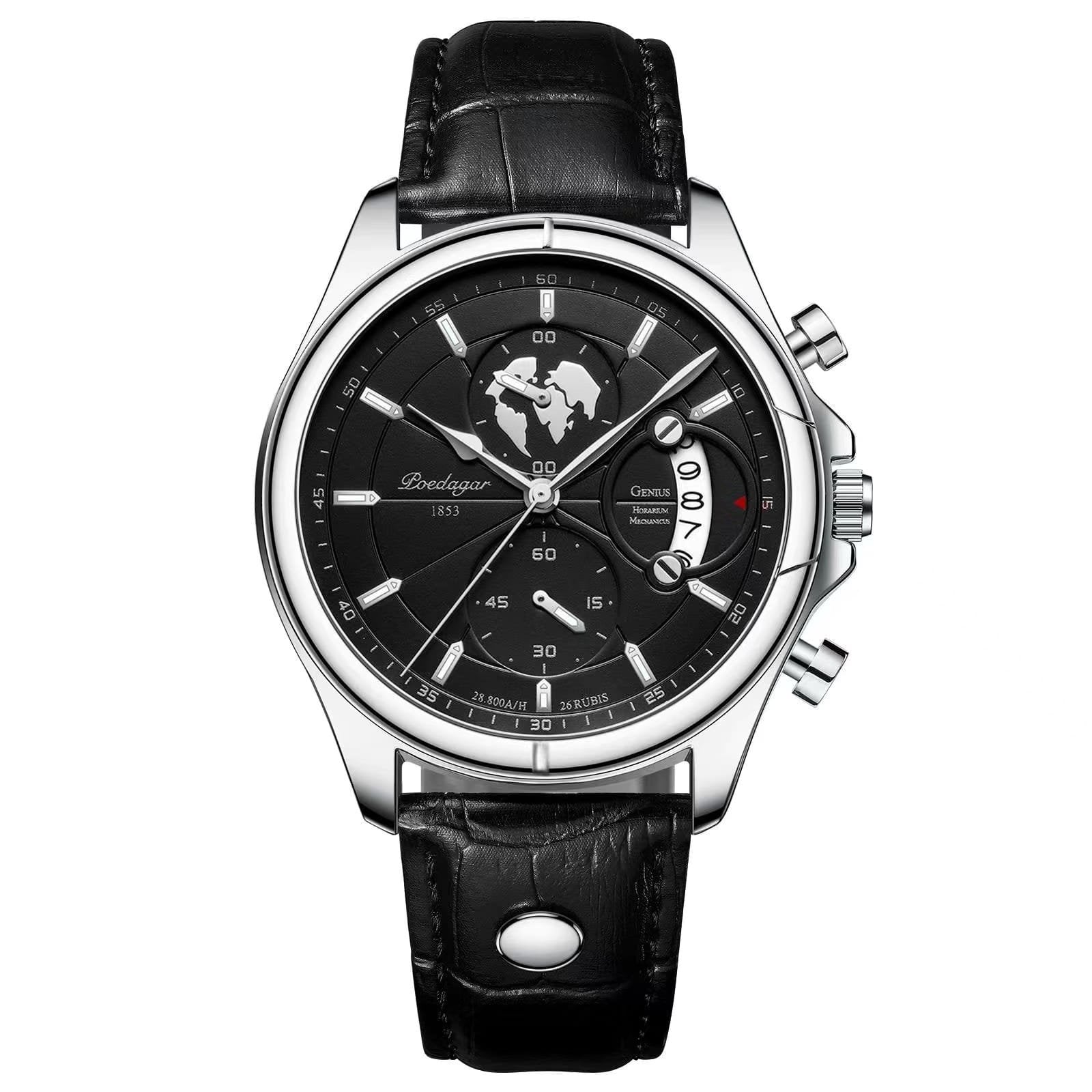Poedagar 989 watch Silver Black (Leather) variant