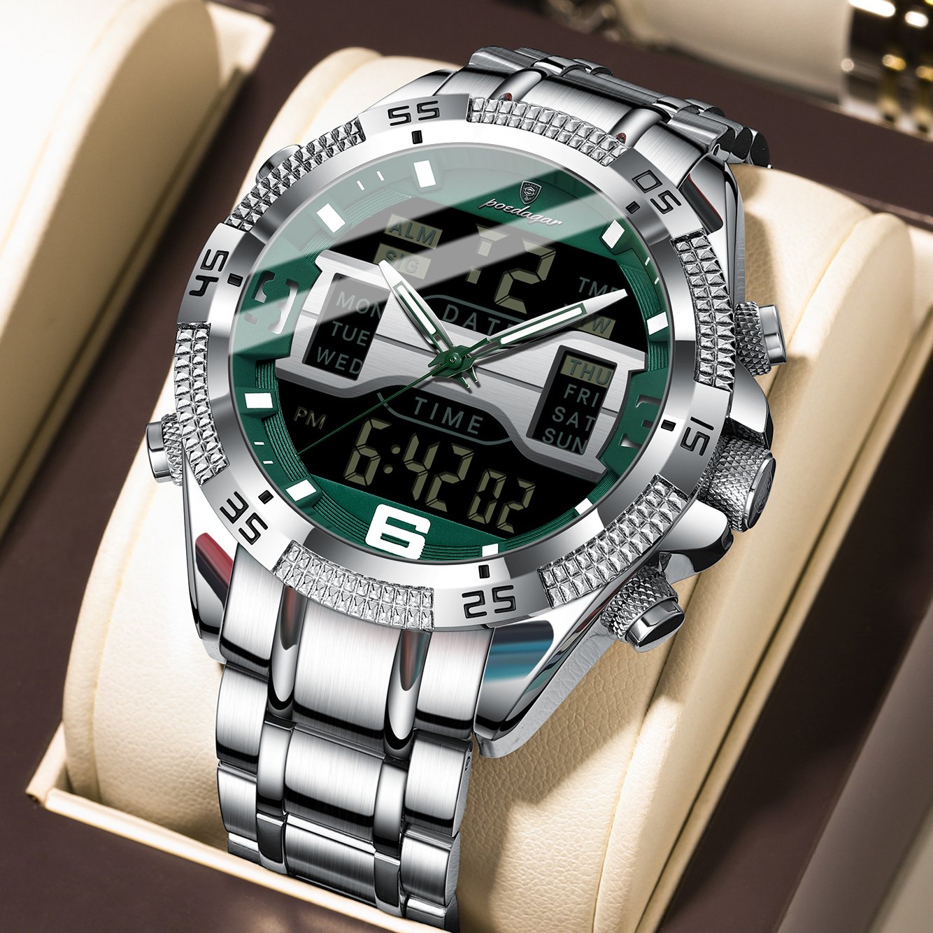 Poedagar E103 watch Silver Green variant