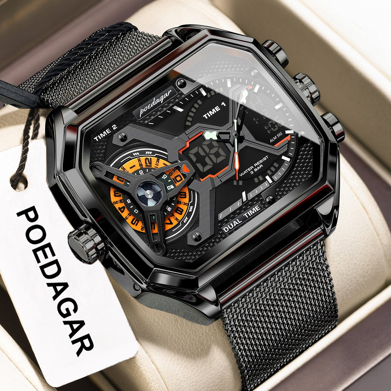Poedagar E106 watch Black Orange M variant