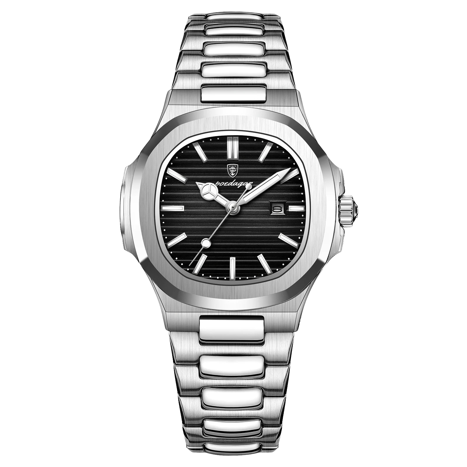 POEDAGAR Womenâ€™s Quartz Watch â€“ Stainless Steel Date Waterproof with black silver dial, lifestyle shot