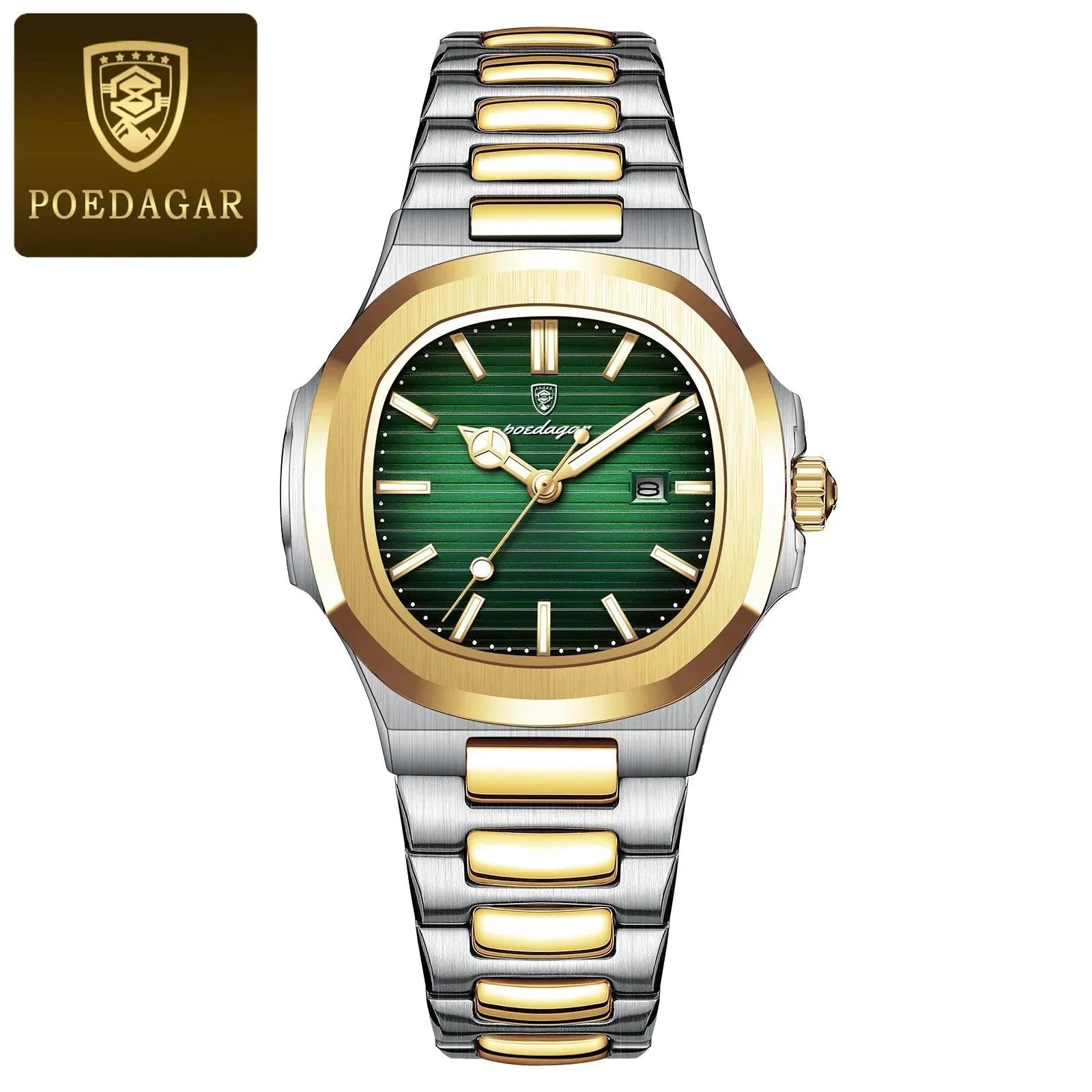 POEDAGAR Luxury Womanâ€™s Quartz Watch with gold green dial, lifestyle shot