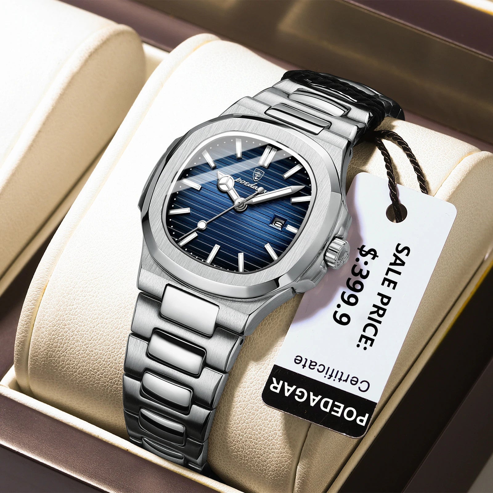 POEDAGAR Womenâ€™s Quartz Watch â€“ Stainless Steel Date Waterproof with silver blue dial, angled view