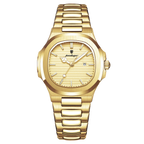 POEDAGAR women's quartz watch with gold dial, gold case and gold steel bracelet, front view