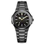 POEDAGAR women's quartz watch with black dial, black case and black steel bracelet, front view