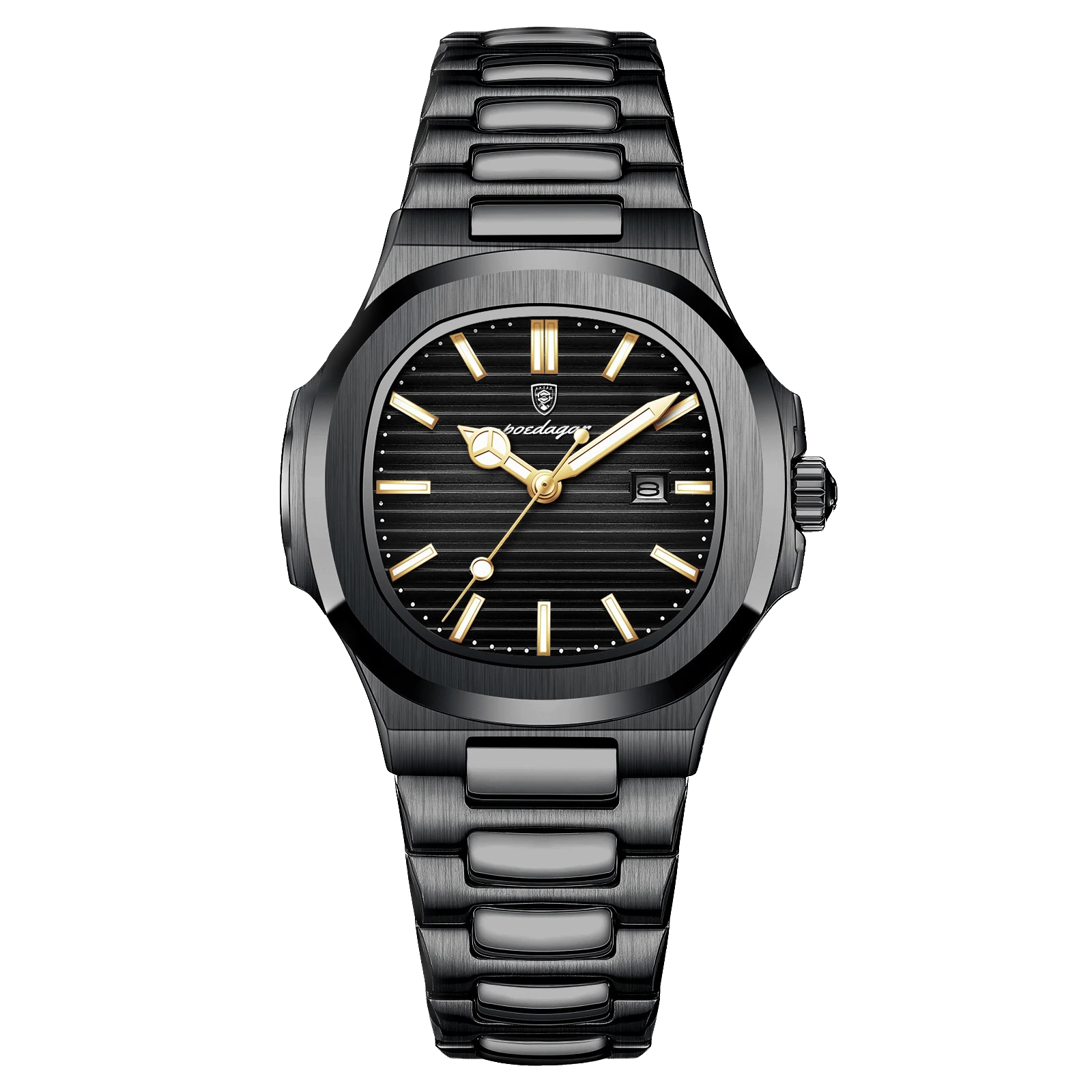 POEDAGAR women's quartz watch with black dial, black case and black steel bracelet, front view