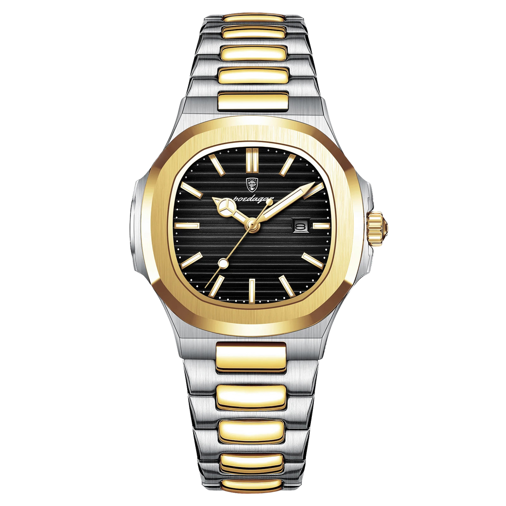 POEDAGAR women's quartz watch with black dial and two-tone gold silver steel bracelet, front view