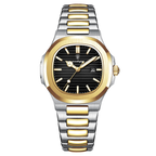 POEDAGAR women's quartz watch with black dial and two-tone gold silver steel bracelet, front view