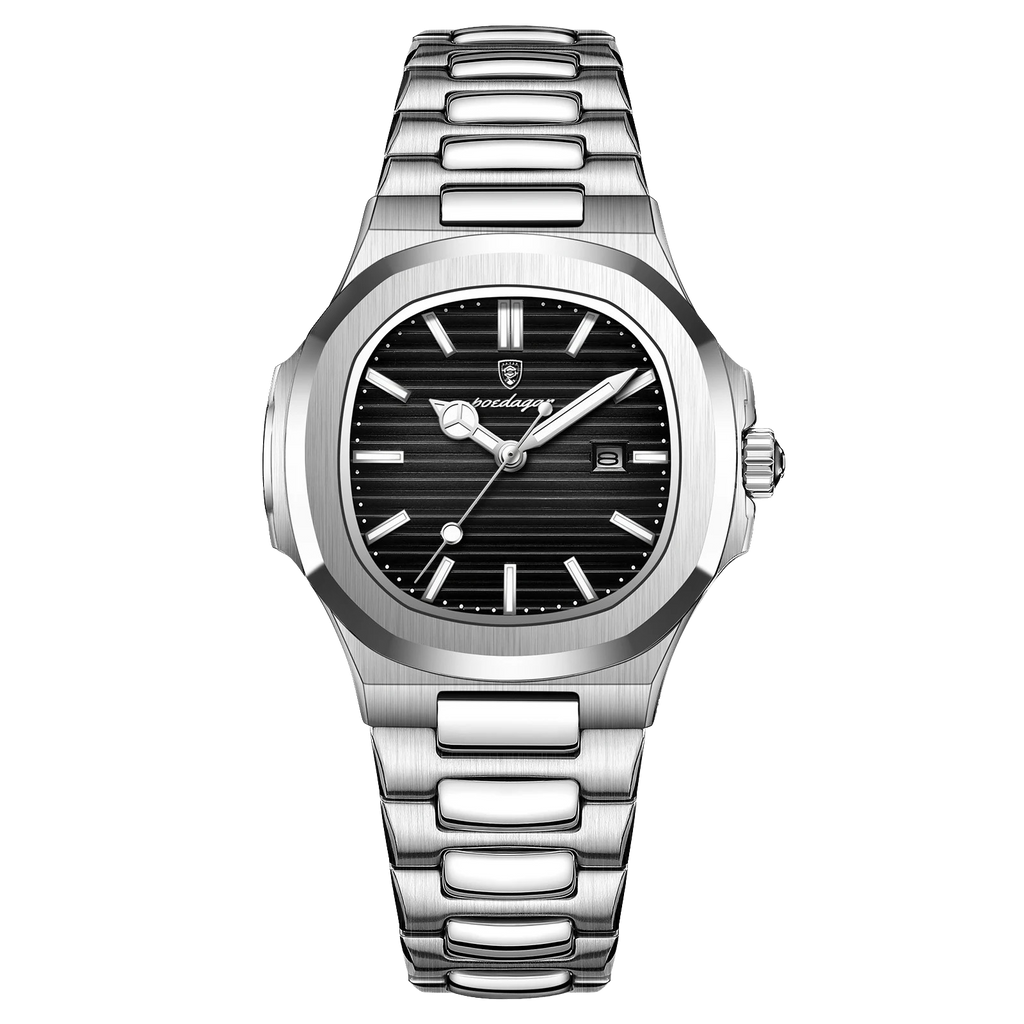 POEDAGAR women's quartz watch with black dial and silver stainless steel bracelet, front view
