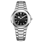 POEDAGAR women's quartz watch with black dial and silver stainless steel bracelet, front view