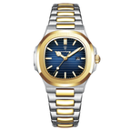 POEDAGAR women's quartz watch with blue dial and two-tone gold silver steel bracelet, front view